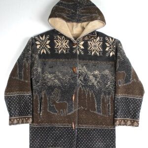 VTG St. John’s Bay Brown and Cream Hooded Coat with Snowflake and Deer Design